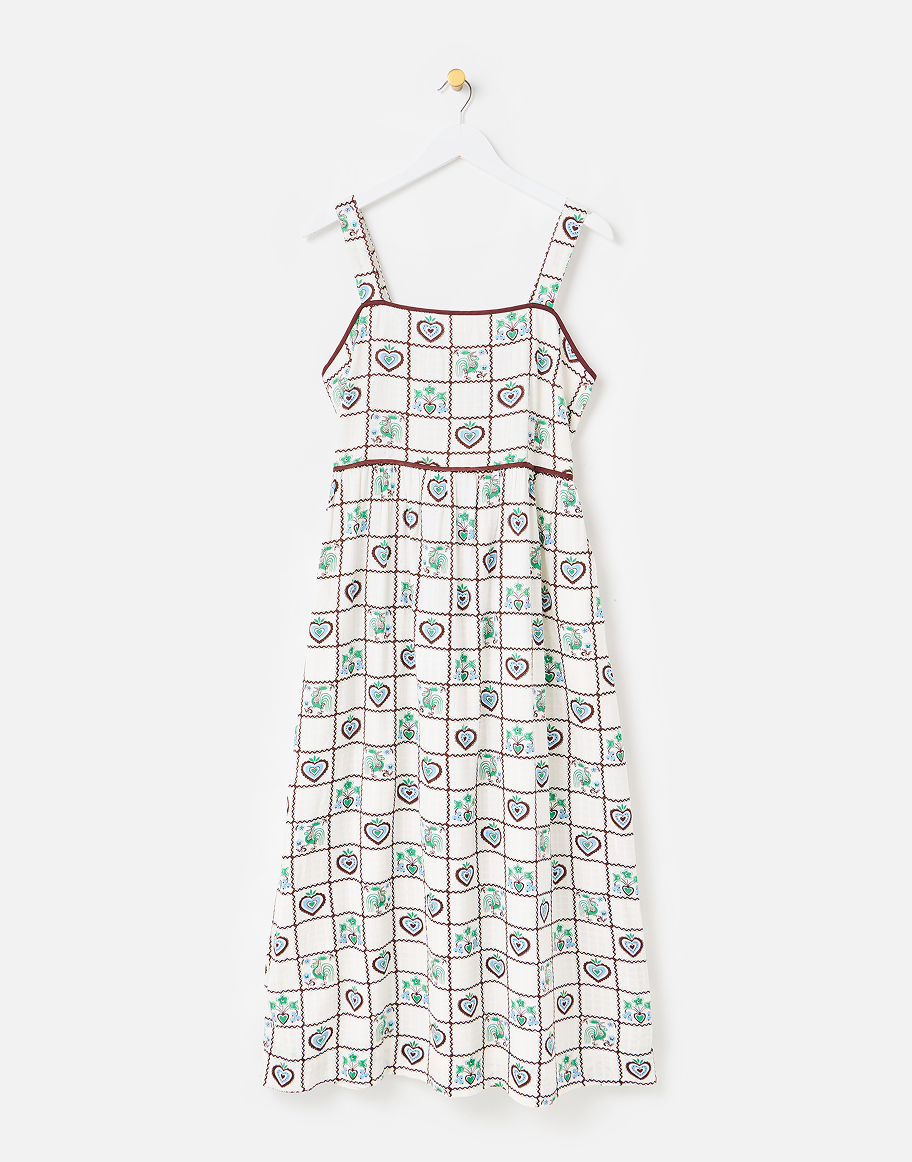 White & Brown Tile Print Strappy Midi Dress